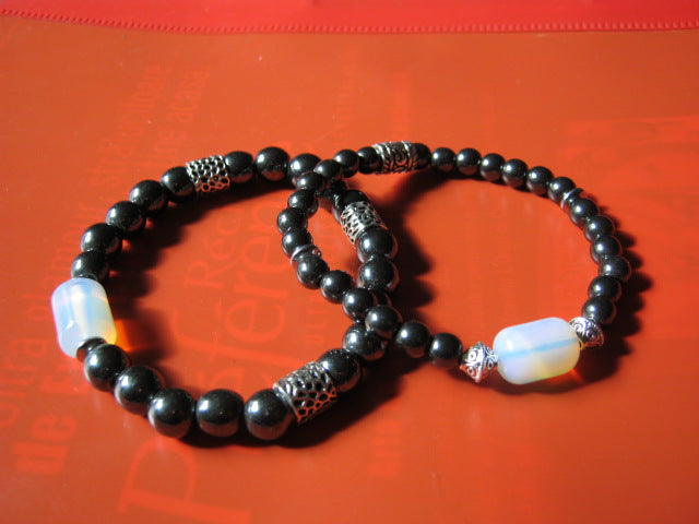 OPAL stone silver Hematite Bracelet Moonstone, Healing stone, Handmade bracelet men women couple gift