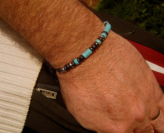 Custom CODE MORSE men/women Bracelet, Hematite, Coco wood, Onyx & TURQUOISE, CORD, I love you Secret Message, Healing protection stone Men handmade slim bracelet Men gift