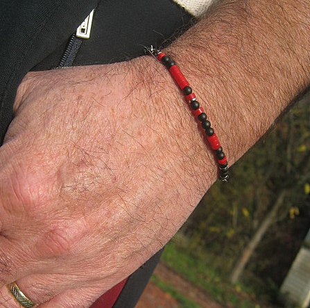 Custom CODE MORSE men/women Bracelet, Hematite, Coco wood, Onyx & RED CORAL, CORD, I love you Secret Message, Healing protection stone Men handmade slim bracelet Men gift