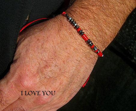 Custom CODE MORSE men/women Bracelet, Hematite, Coco wood, Onyx & RED CORAL, CORD, I love you Secret Message, Healing protection stone Men handmade slim bracelet Men gift