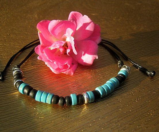Custom CODE MORSE men/women Bracelet, Coco wood, Hematite,Onyx & TURQUOISE, CORD, I love you Secret Message, Healing protection stone Men handmade slim bracelet Men gift