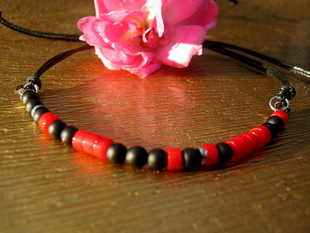 Men/women Bracelet, Onyx Hematite, Coco wood & RED CORAL, vegan CORD, Healing protection stone Men handmade slim bracelet Men gift