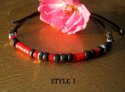 Men/women Bracelet, Coco wood, Hematite, Onyx & RED CORAL, vegan CORD, Healing protection stone Men handmade slim bracelet Men gift