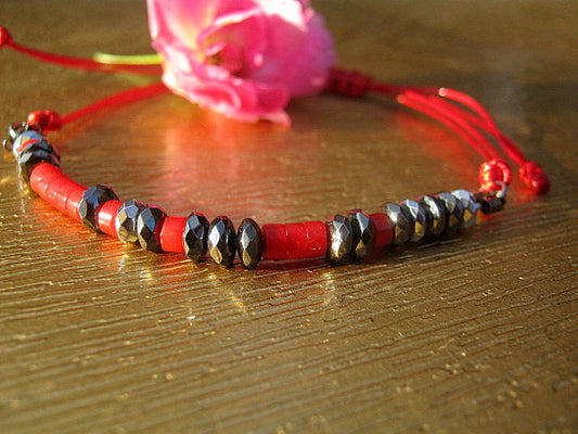 Men/women Bracelet, Hematite, Coco wood, Onyx & RED CORAL, CORD, Healing protection stone Men handmade slim bracelet Men gift
