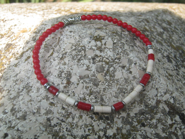 Men slim bracelet White & red Coral, Hematite gemstone, silver unisex Bracelet, handmade slim bracelet men gift