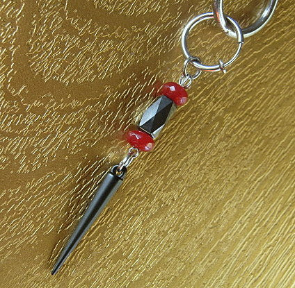 Men Earring RUBY & Hematite faceted stone, spike, Dangle Hoop/ clip on black, stone Handmade earring men gift