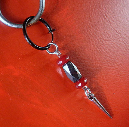 Men Earring RUBY & Hematite faceted stone, spike, Dangle Hoop/ clip on black, stone Handmade earring men gift