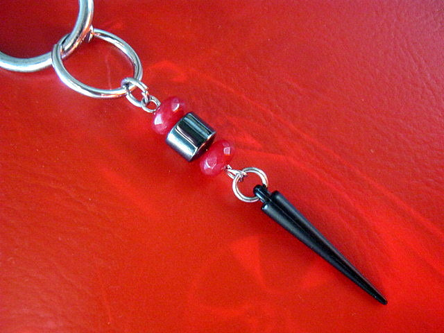 Earring RUBY & Hematite cylinder stone, spike, Dangle Hoop/ clip on black, stone Handmade earring men gift
