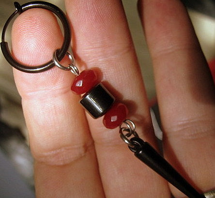 Earring RUBY & Hematite cylinder stone, spike, Dangle Hoop/ clip on black, stone Handmade earring men gift