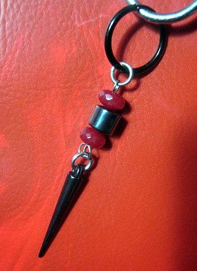 Earring RUBY & Hematite cylinder stone, spike, Dangle Hoop/ clip on black, stone Handmade earring men gift