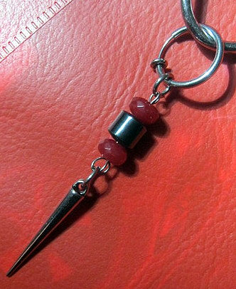 Earring RUBY & Hematite cylinder stone, spike, Dangle Hoop/ clip on black, stone Handmade earring men gift