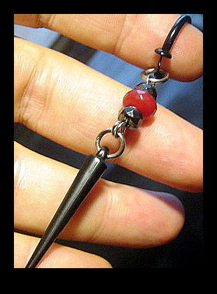 Men Earring 1 RUBY & Hematite stone, spike, Dangle Hoop/ clip on black, stone Handmade earring men gift