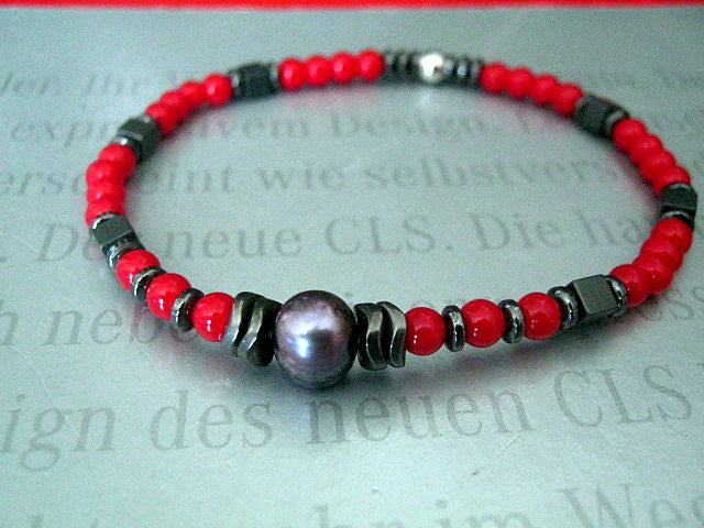 Men Bracelet black/blue Freshwater Pearl, Coral & Hematite wave, Red bracelet, Spiritual Healing surfer bracelet Men/women/couple gift, handmade bracelet