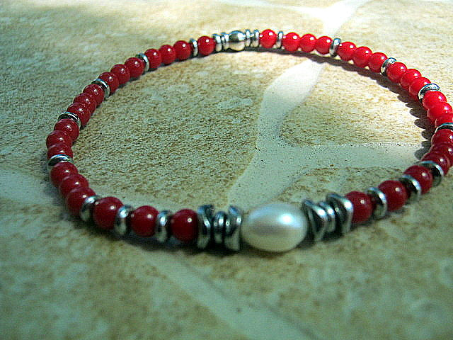 Men Bracelet Freshwater Pearl, Coral & Hematite wave, Red bracelet, Spiritual Healing surfer bracelet Men/women/couple gifthandmade bracelet