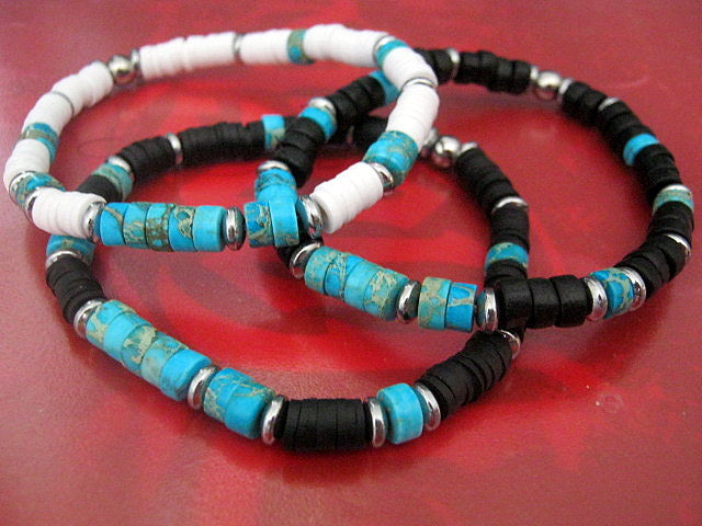 Men Turquoise Imperial Jasper, Bracelet white african style polymer heishi, silver hematite Healing stone, handmade bracelet men gift