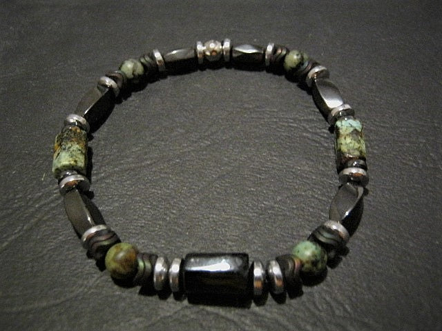 Men Bracelet green african TURQUOISE Tourmaline Onyx Lava Coco wood heishi Hematite Healing stone, handmade bracelet men gift