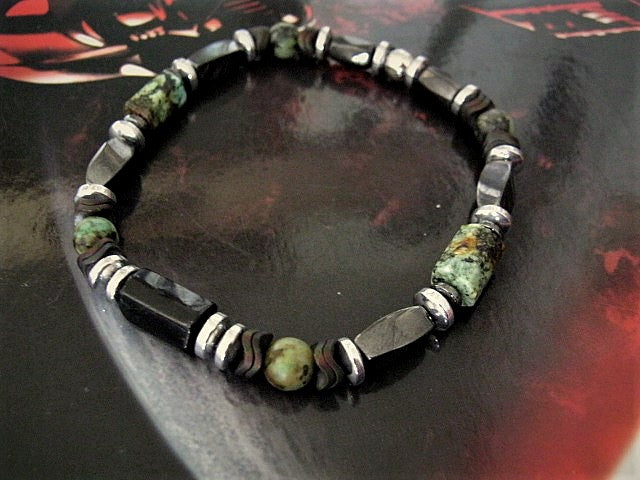 Men Bracelet green african TURQUOISE Tourmaline Onyx Lava Coco wood heishi Hematite Healing stone, handmade bracelet men gift