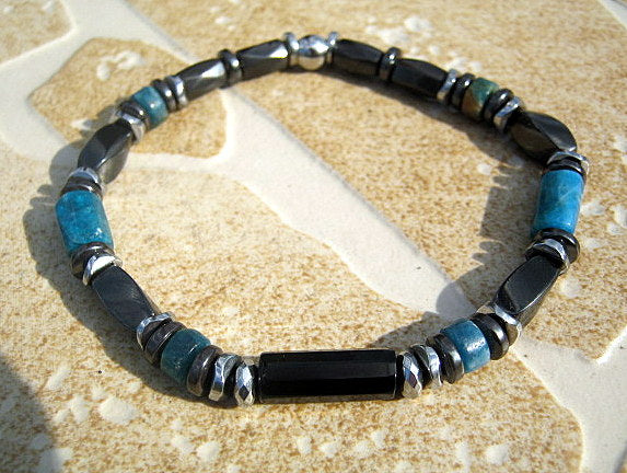 Men Bracelet Blue KYANITE Tourmaline Apatite 925 St. Silver, Protection Healing stone, handmade bracelet men gift