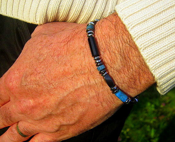 Men Bracelet Blue KYANITE Tourmaline Apatite 925 St. Silver, Protection Healing stone, handmade bracelet men gift