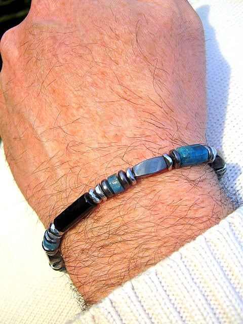 Men Bracelet Blue KYANITE Tourmaline Apatite 925 St. Silver, Protection Healing stone, handmade bracelet men gift