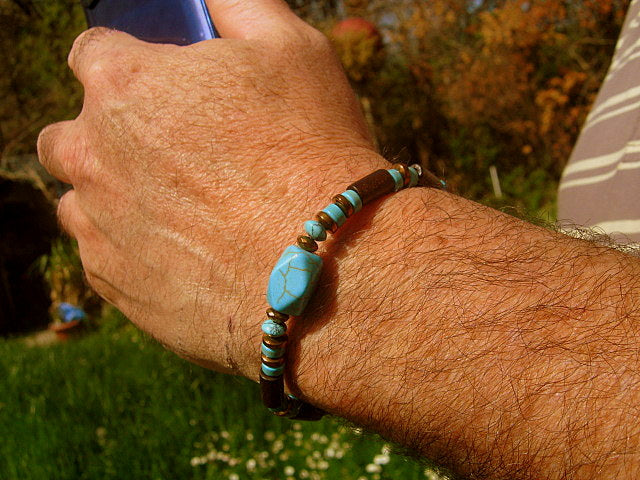 CAMELYS MAGIC 4 MEN - Men bracelet stone Turquoise, brown Coco wood heishi beads Onyx Hematite Healing stone, Tribal handmade bracelet men gift