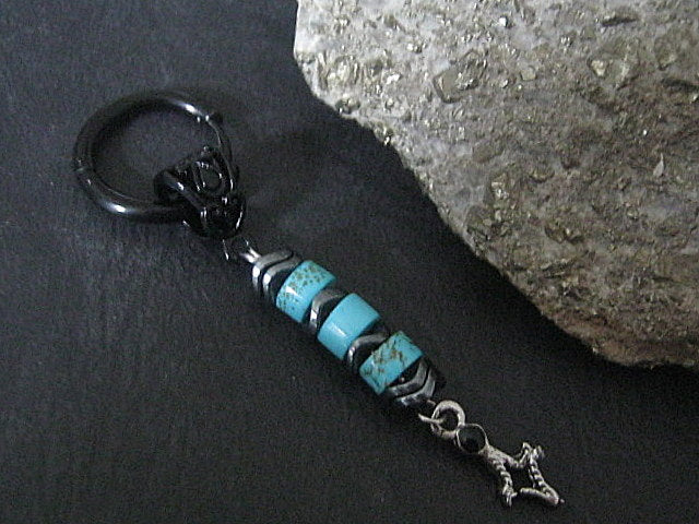 Men Earring African blue Turquoise & Hematite stone,silver star, Dangle Hoop/ clip on black, stone Handmade earring men gift