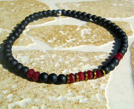 Men tiny RUBY Onyx Hematite bracelet, protection precious stone handmade slim bracelet men gift
