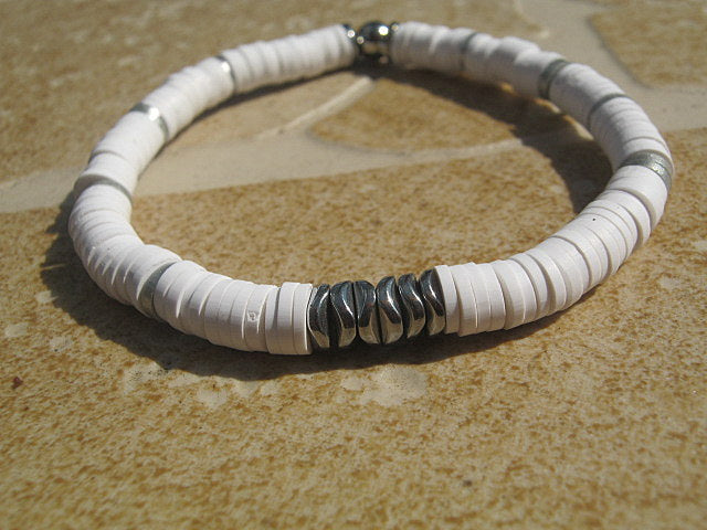 Men Bracelet white african style disc heishi silver hematite Protection stone, handmade bracelet men gift