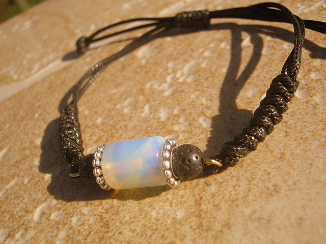 Men Opal Lava bracelet thin Cord black red slice knot Bracelet, Healing crystal, Stack slim set surfer Handmade bracelet men gift