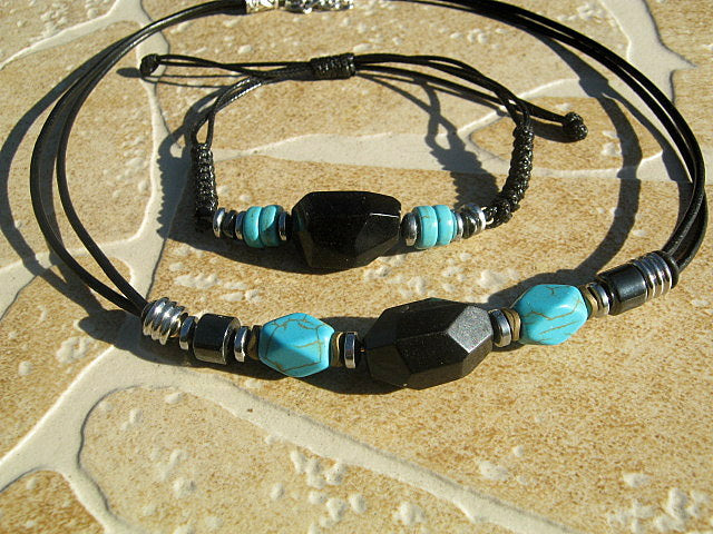 TOURMALINE & TURQUOISE stone men pendant long Necklace EMF Protection, healing crystal, leather, handmade necklace Men /couple Gift
