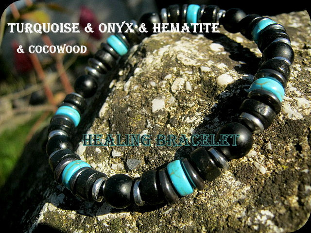 Men Bracelet TURQUOISE, Coconut Wood heishi ONYX Hematite Protection stone, handmade bracelet men gift