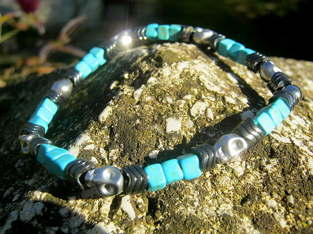 Men Bracelet TURQUOISE, Hematite Skull Punk Turquoise Tourmaline Protection stone, handmade bracelet men gift