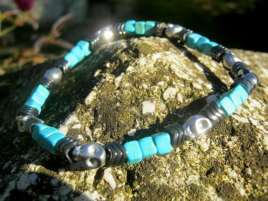 Men Bracelet TURQUOISE, Hematite Skull Punk Turquoise Tourmaline Protection stone, handmade bracelet men gift