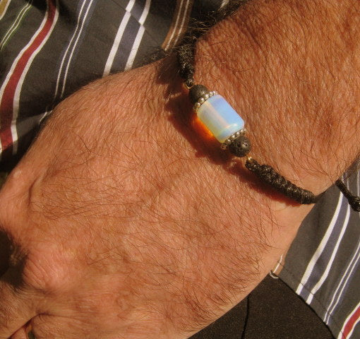 Men Opal Lava bracelet thin Cord black red slice knot Bracelet, Healing crystal, Stack slim set surfer Handmade bracelet men gift
