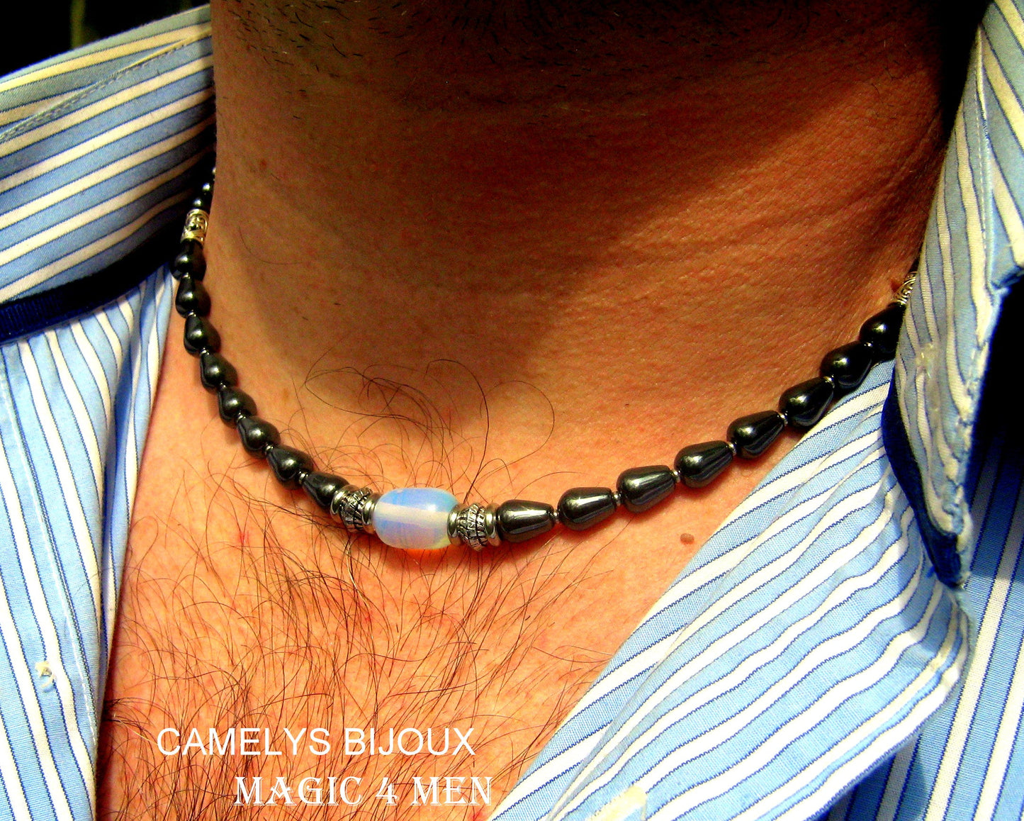 CAMELYS MAGIC 4 MEN - Men Opal Beaded NECKLACE Hematite. Protection & Healing stone Handmade necklace men gift