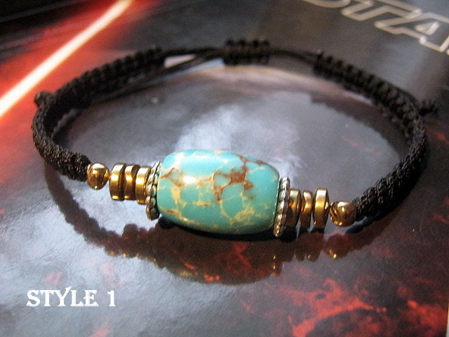 Men African TURQUOISE stone Hematite bracelet thin Cord black slice knot Bracelet, Healing crystal, Stack slim set surfer Handmade bracelet men gift