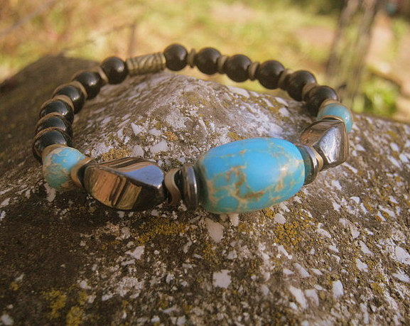 Men Bracelet blue AFRICAN TURQUOISE Hematite Onyx, spiritual jewelry Mala Protection Bracelet Healing stone, handmade bracelet men gift