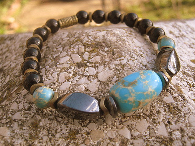 Men Bracelet blue AFRICAN TURQUOISE Hematite Onyx, spiritual jewelry Mala Protection Bracelet Healing stone, handmade bracelet men gift