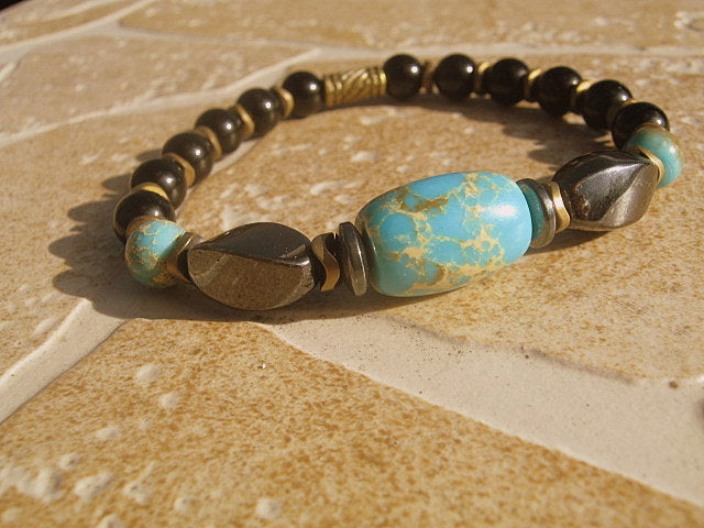 Men Bracelet blue AFRICAN TURQUOISE Hematite Onyx, spiritual jewelry Mala Protection Bracelet Healing stone, handmade bracelet men gift