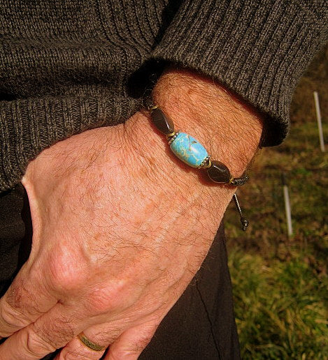 Men African TURQUOISE stone Hematite bracelet thin Cord slice knot Bracelet, Healing crystal, Stack slim set surfer Handmade bracelet men gift