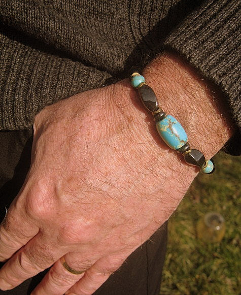 Men Bracelet blue AFRICAN TURQUOISE Hematite Onyx, spiritual jewelry Mala Protection Bracelet Healing stone, handmade bracelet men gift