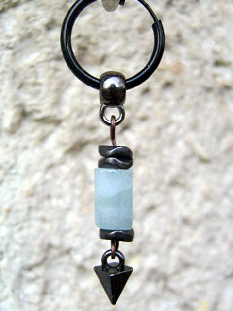 Men Earring AQUAMARINE stone & black Hematite stone, spike Dangle Hoop/ clip on black, stone, Handmade earring men gift