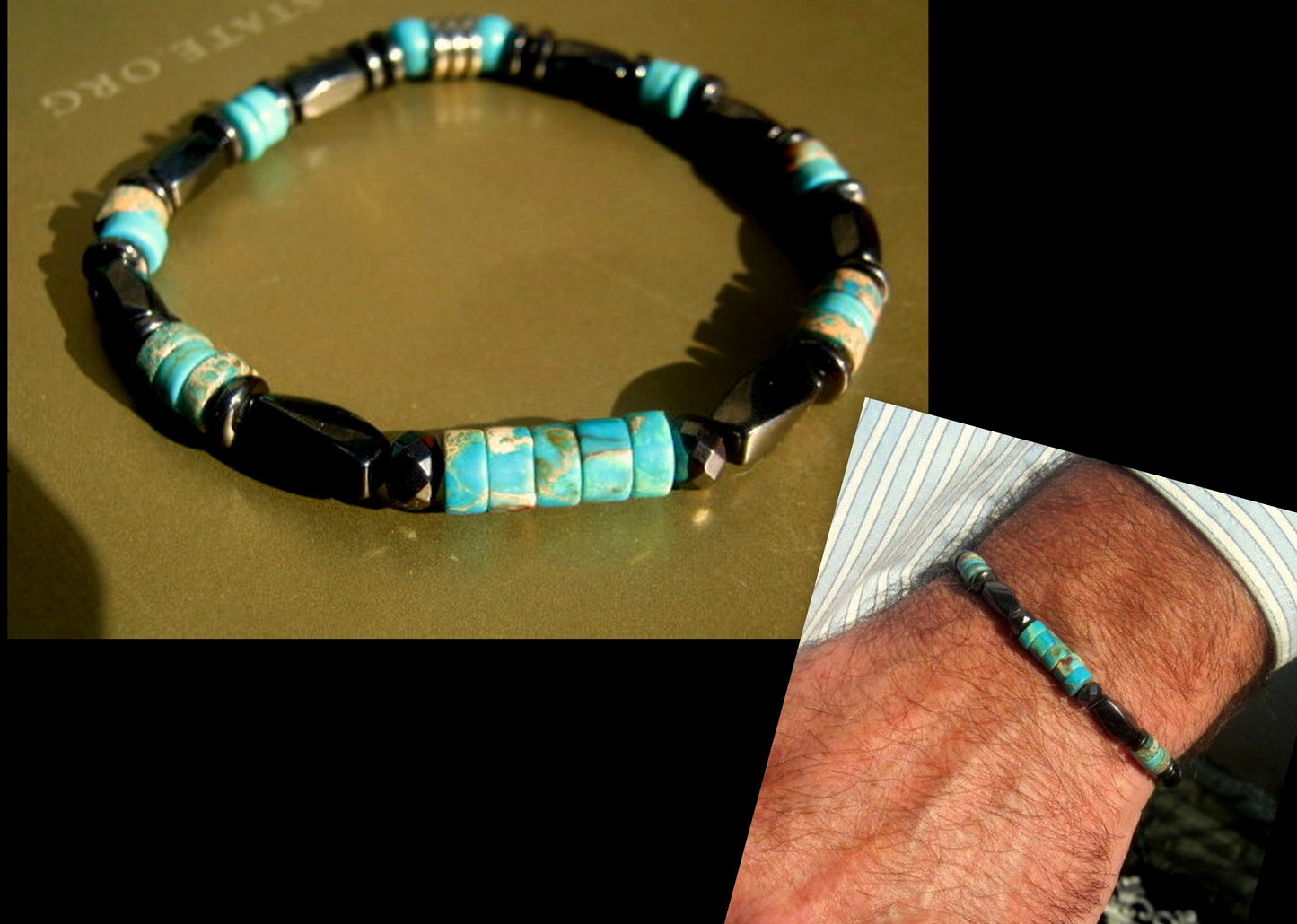 CAMELYS MAGIC 4 MEN - Men Bracelet blue Turquoise Imperial Jasper black Coco wood Hematite heishi Healing stone, handmade bracelet men gift