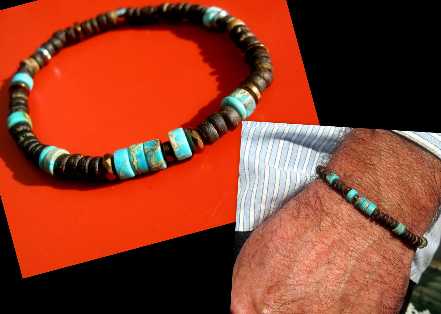 CAMELYS MAGIC 4 MEN - Men Bracelet blue Turquoise Imperial Jasper black Coco wood Hematite heishi Healing stone, handmade bracelet men gift