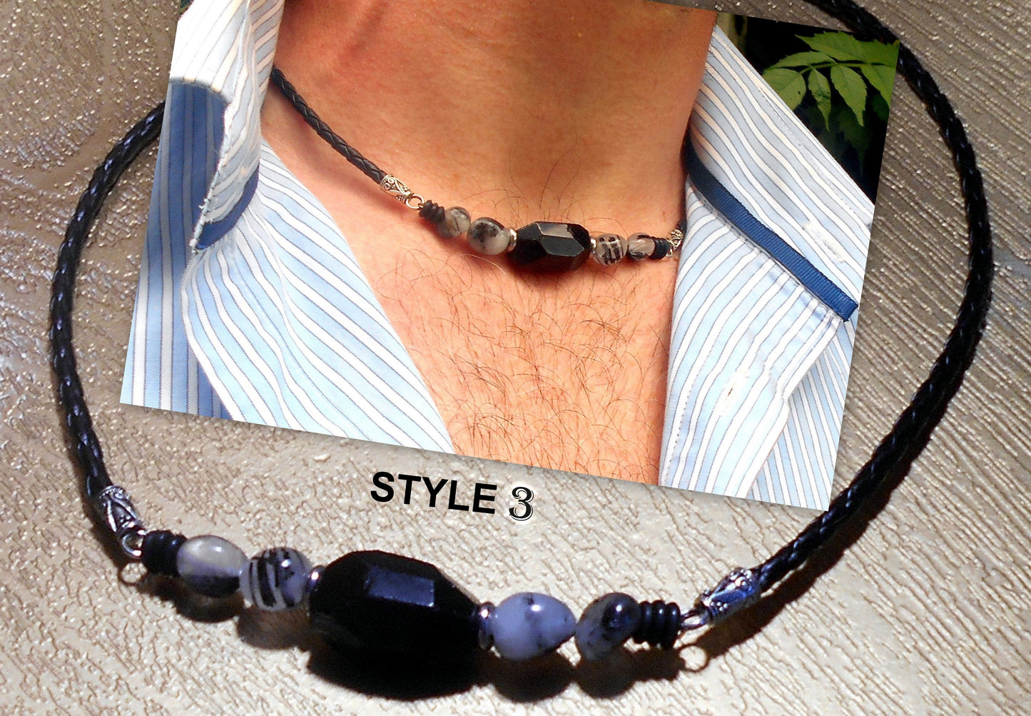 TOURMALINE Lava Rutilated quartz Citrine Tiger Eye stone men Necklace EMF Protection, healing crystal, black leather handmade necklace Men /couple Gift