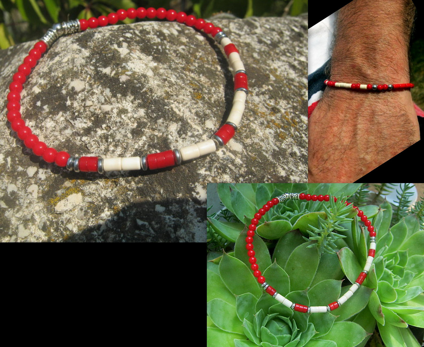 Men slim bracelet White & red Coral, Hematite gemstone, silver unisex Bracelet, handmade slim bracelet men gift
