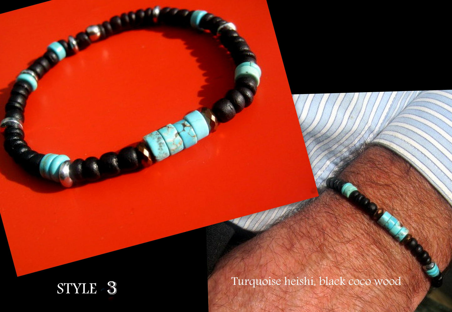 CAMELYS MAGIC 4 MEN - Men Bracelet blue Turquoise Imperial Jasper black Coco wood Hematite heishi Healing stone, handmade bracelet men gift