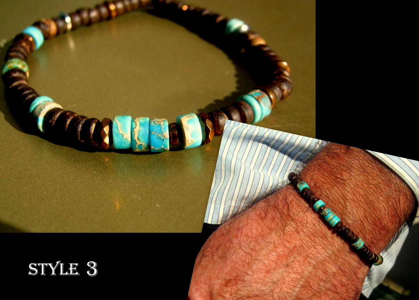 CAMELYS MAGIC 4 MEN - Men Bracelet blue Turquoise Imperial Jasper black Coco wood Hematite heishi Healing stone, handmade bracelet men gift