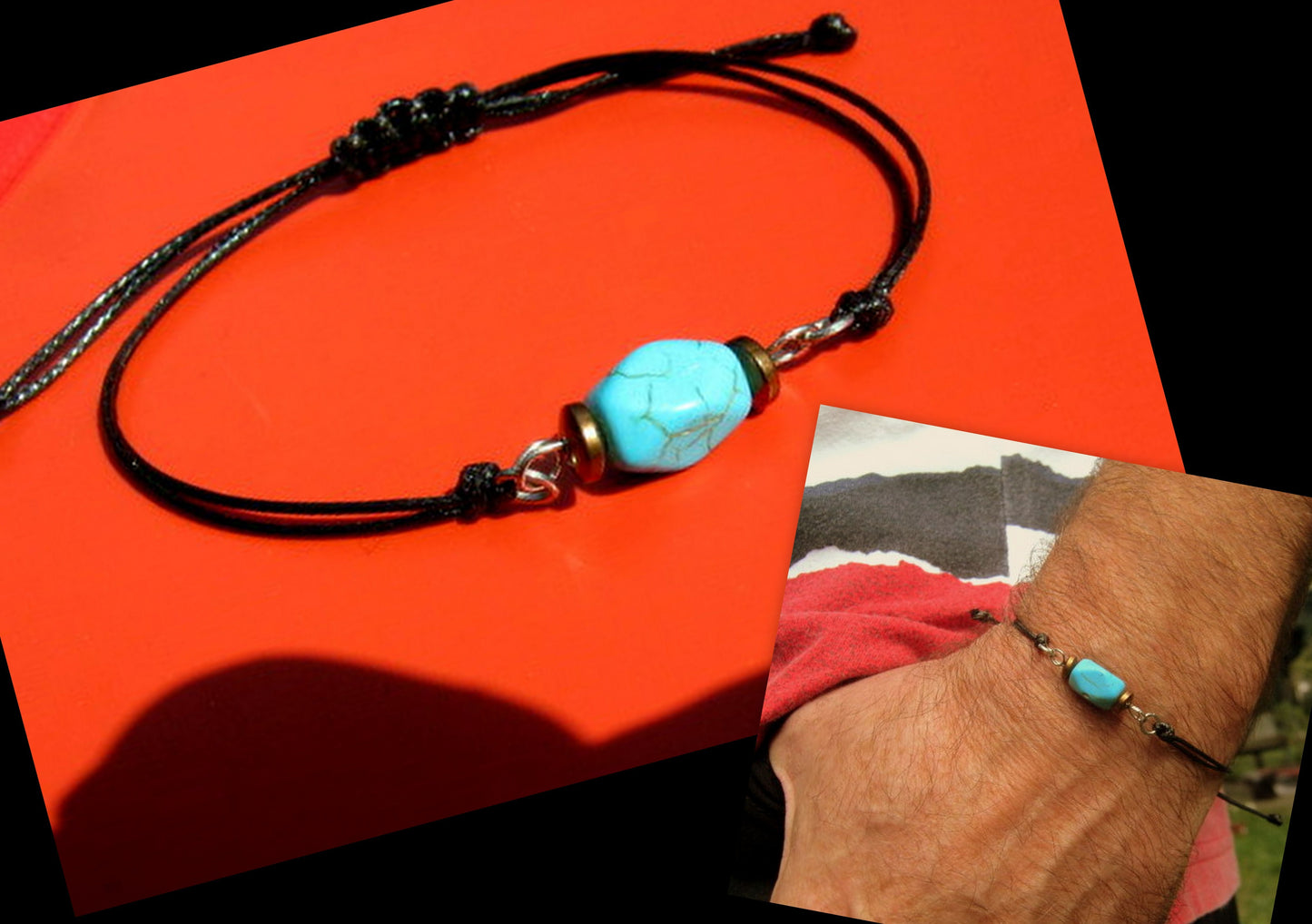 Men TURQUOISE stone bracelet thin Cord slice knot Bracelet, Healing crystal, Stack slim set surfer Handmade bracelet men gift