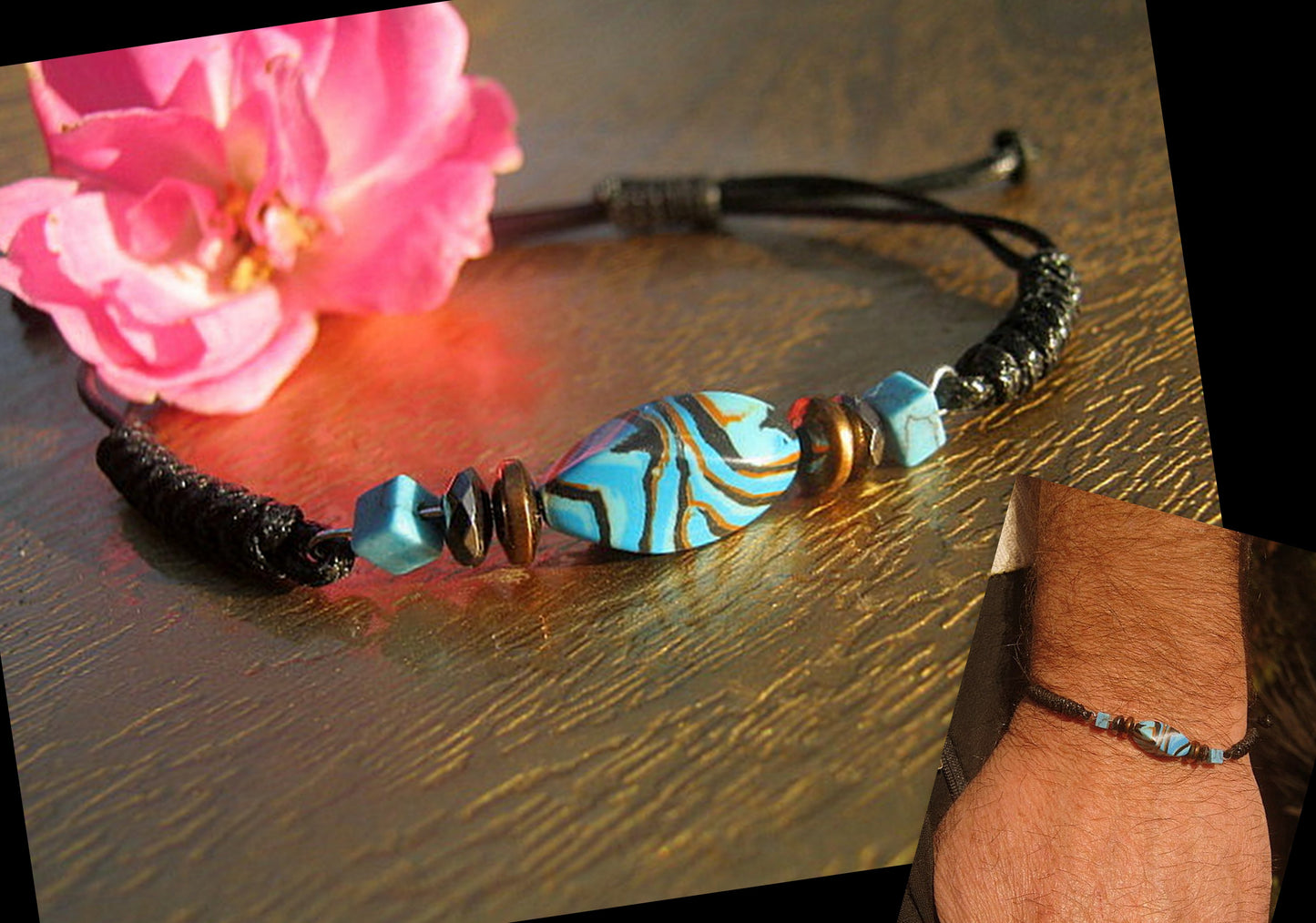 Men TURQUOISE zebra stone bracelet thin Cord slice knot Bracelet, Healing crystal, Stack slim set surfer Handmade bracelet men gift